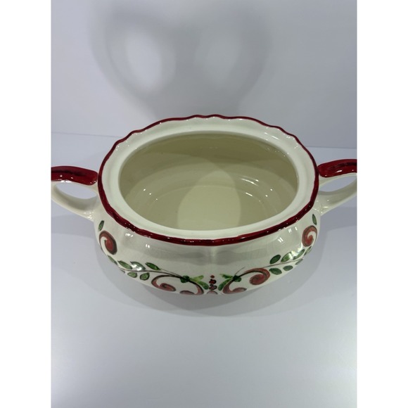 Vintage Hand Painted Soup Tureen with Lid Red Green Scroll Floral Made In Italy - Picture 3 of 9